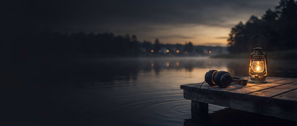 Headphones and a lantern on a quiet lakeside deck at dusk