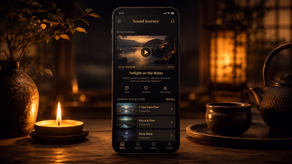 SoulFul GLO sound journey playing on a phone beside candlelight and tea