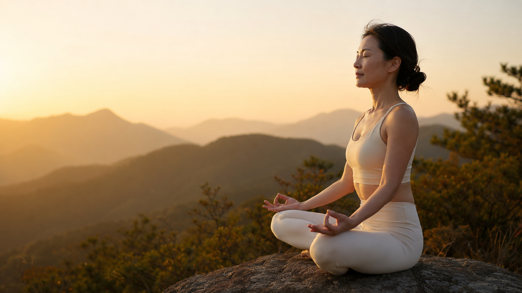 Woman meditating in warm golden light